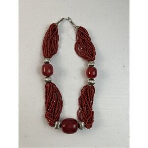 Vintage‎ Multi Strand Beaded Necklace Red Tribal Bohemian Gorgeous